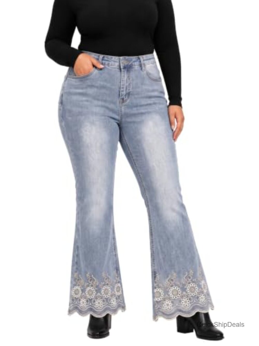 Plus Size High Waisted Flare Jeans with Floral Embroidery